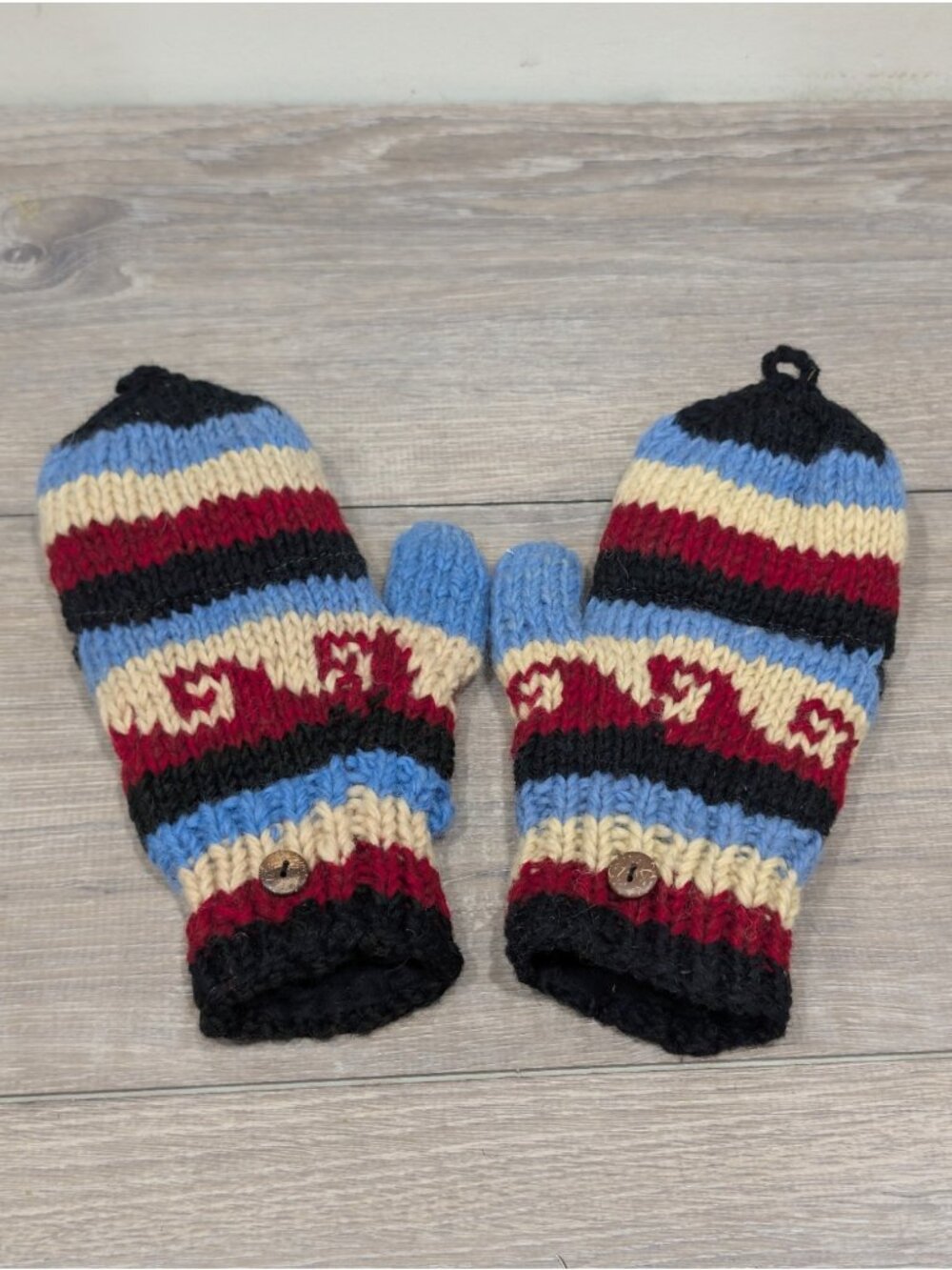 Made in Nepal Red Blue Pattern Knit Wool Convertible Fingerless Mitten Glove